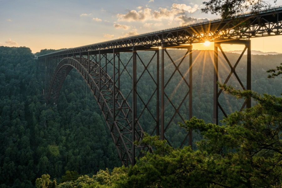 New River Gorge Bridge in West Virginia during sunset